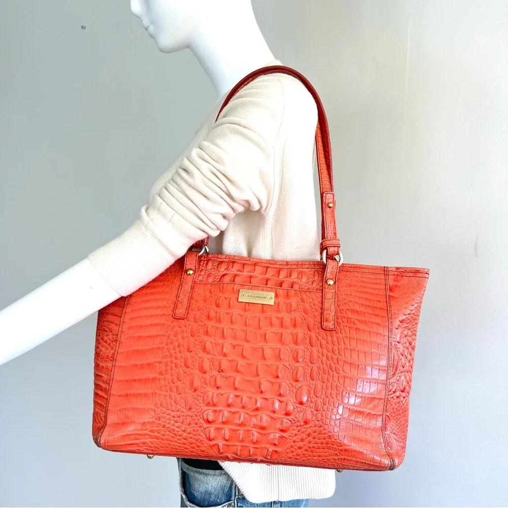 BRAHMIN Melbourne Orange Croc Emboss Leather Gold Hardware Medium Shoulder Tote - Picture 2 of 16
